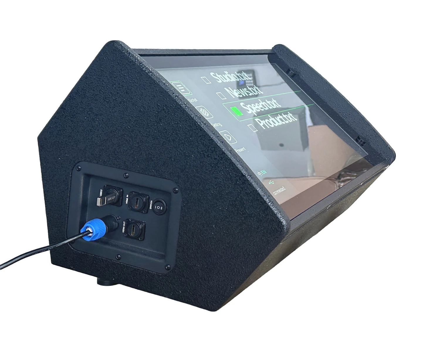 PROMPTERGO Box Stage Teleprompter built-in computer showing a script list on screen, with the connector panel alongside