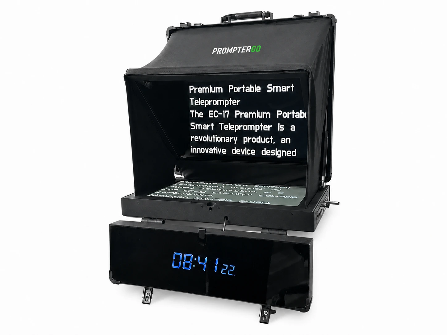 PROMPTERGO Portable Teleprompter opened on a tripod with front clock